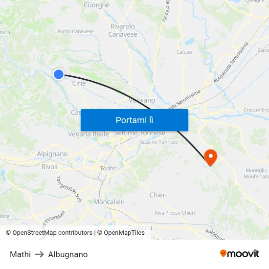 Mathi to Albugnano map