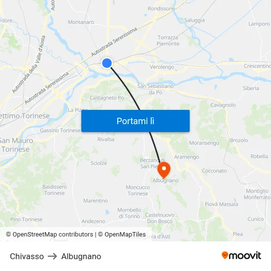 Chivasso to Albugnano map
