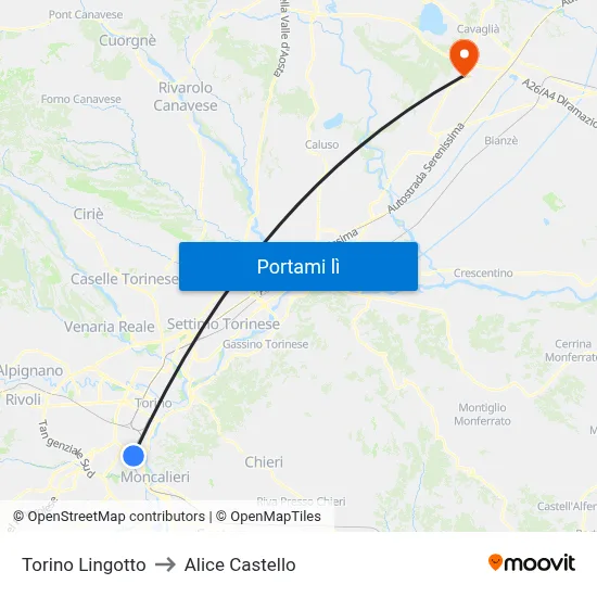 Torino Lingotto to Alice Castello map