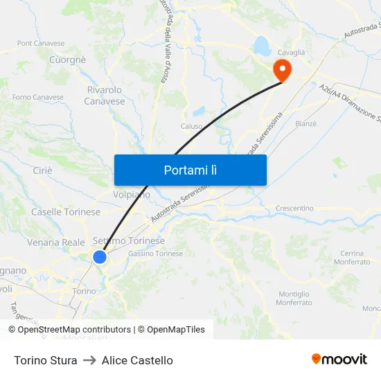 Torino Stura to Alice Castello map