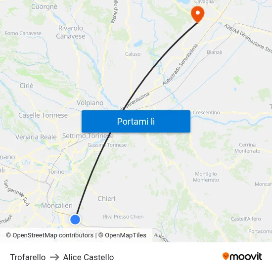 Trofarello to Alice Castello map