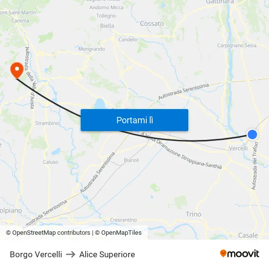 Borgo Vercelli to Alice Superiore map