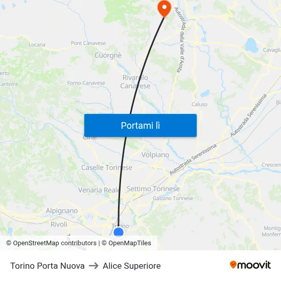 Torino Porta Nuova to Alice Superiore map