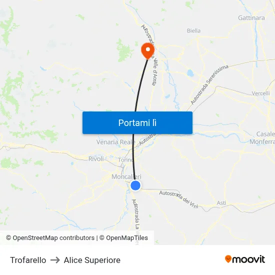 Trofarello to Alice Superiore map
