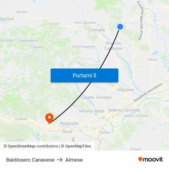 Baldissero Canavese to Almese map