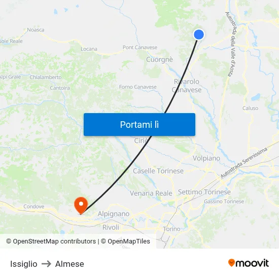 Issiglio to Almese map