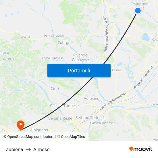 Zubiena to Almese map