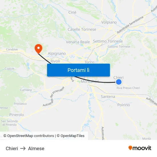 Chieri to Almese map