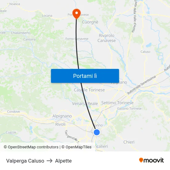 Valperga Caluso to Alpette map