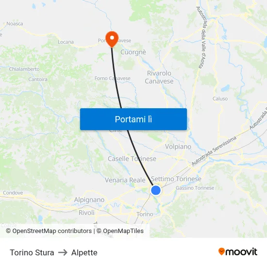 Torino Stura to Alpette map