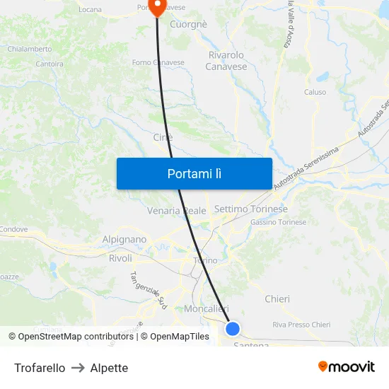 Trofarello to Alpette map