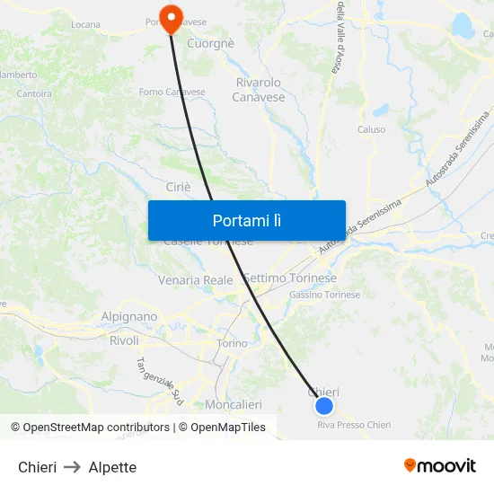 Chieri to Alpette map