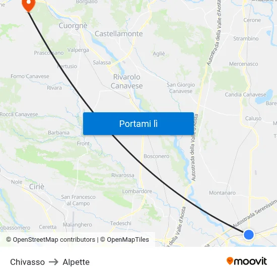 Chivasso to Alpette map