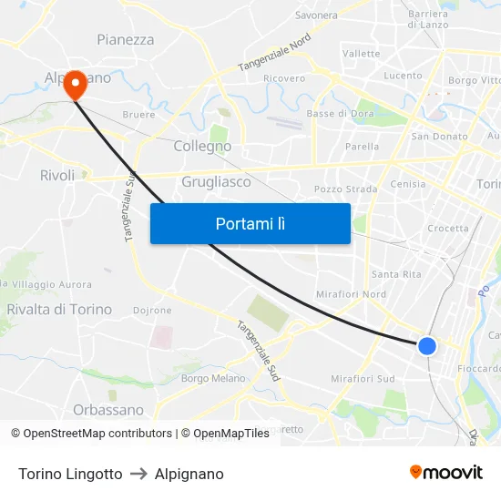 Torino Lingotto to Alpignano map