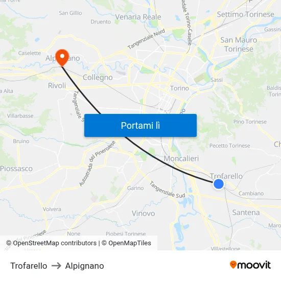 Trofarello to Alpignano map