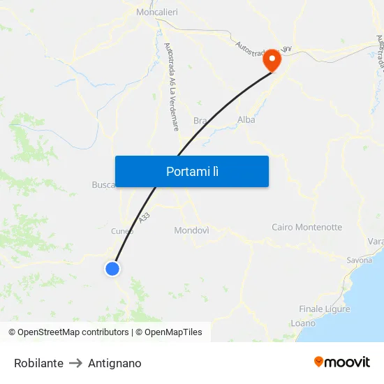Robilante to Antignano map