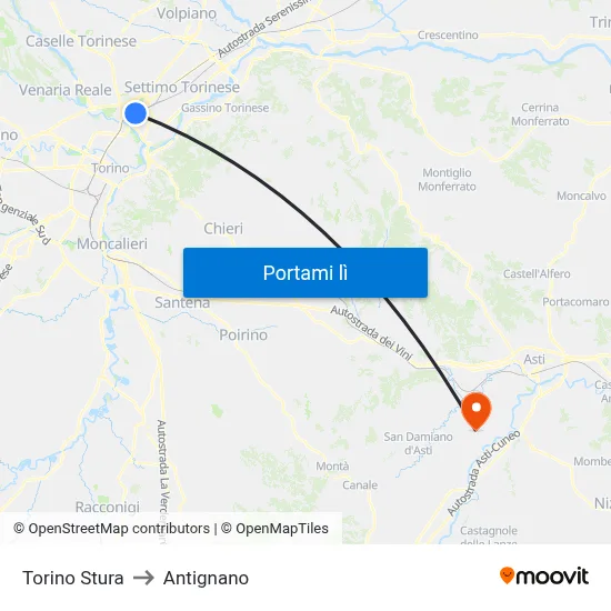 Torino Stura to Antignano map
