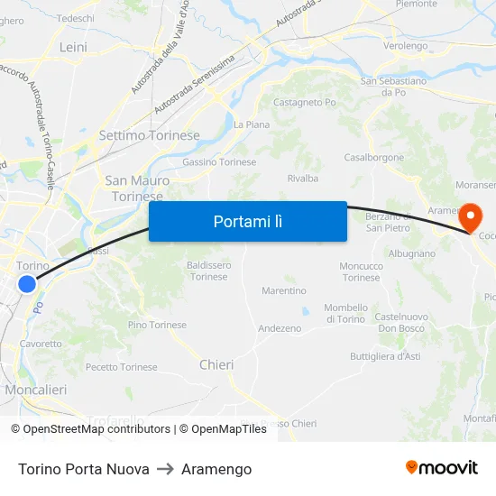Torino Porta Nuova to Aramengo map
