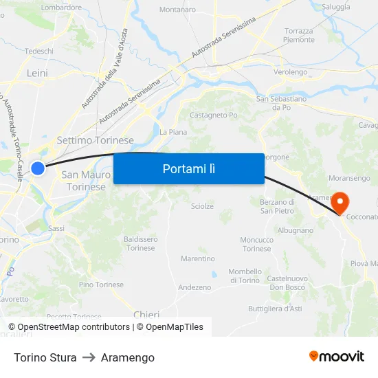 Torino Stura to Aramengo map