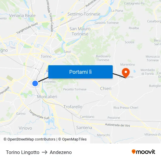 Torino Lingotto to Andezeno map