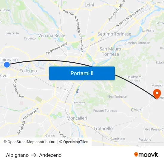 Alpignano to Andezeno map