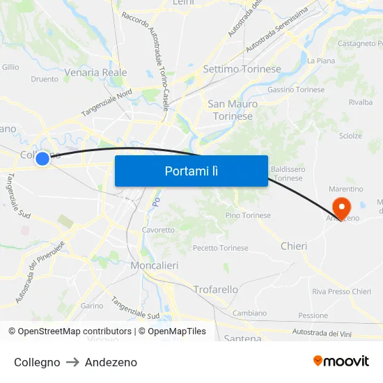 Collegno to Andezeno map