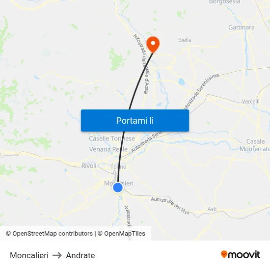 Moncalieri to Andrate map