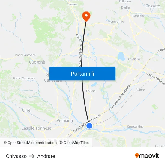 Chivasso to Andrate map