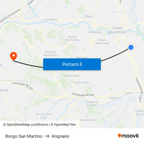 Borgo San Martino to Arignano map