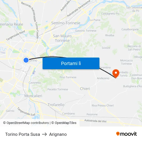 Torino Porta Susa to Arignano map