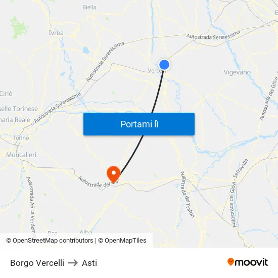 Borgo Vercelli to Asti map