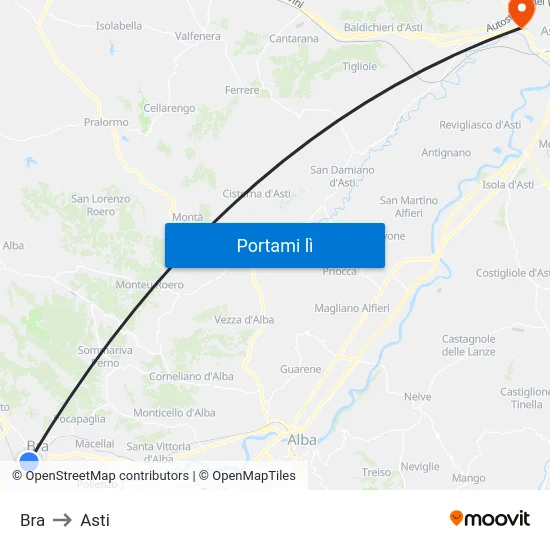 Bra to Asti map