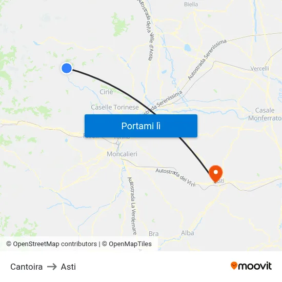 Cantoira to Asti map