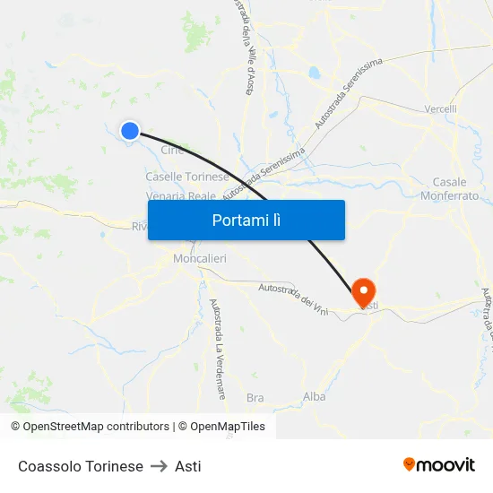 Coassolo Torinese to Asti map