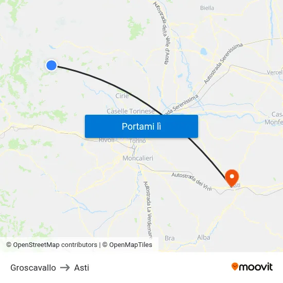 Groscavallo to Asti map