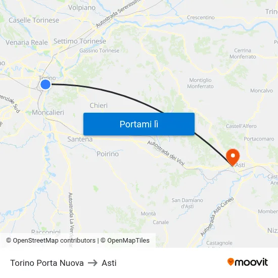 Torino Porta Nuova to Asti map