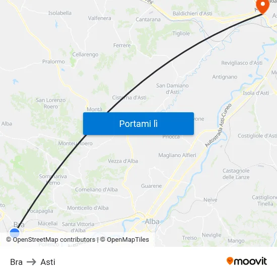 Bra to Asti map