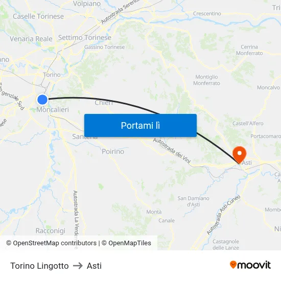 Torino Lingotto to Asti map