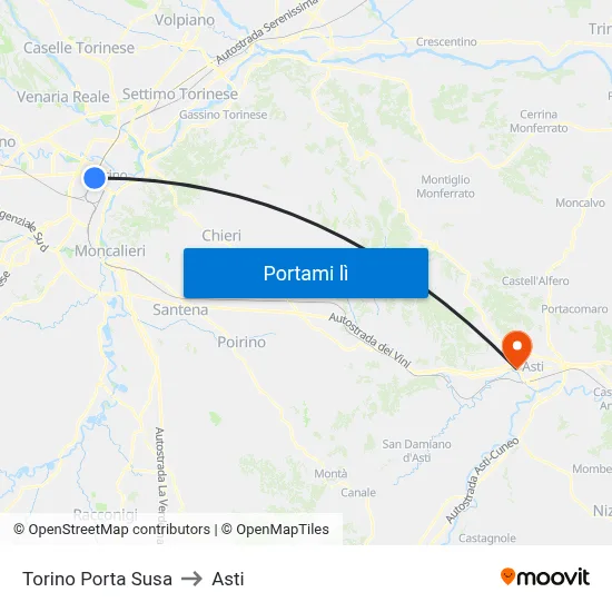 Torino Porta Susa to Asti map