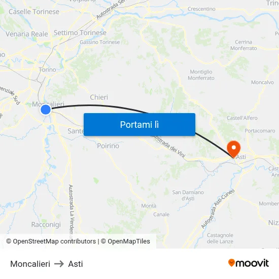 Moncalieri to Asti map