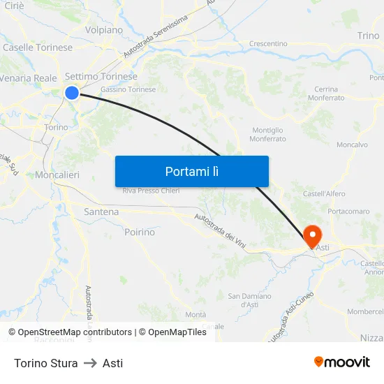 Torino Stura to Asti map