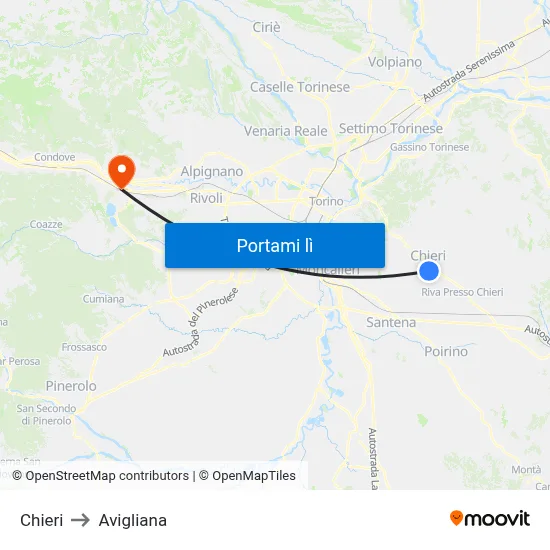 Chieri to Avigliana map