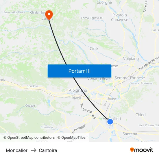 Moncalieri to Cantoira map