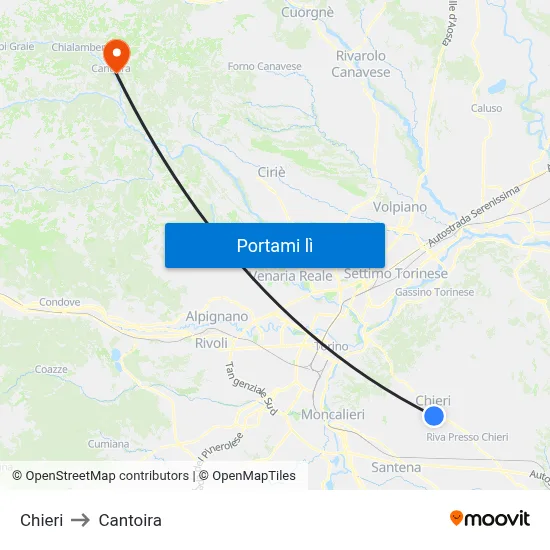 Chieri to Cantoira map