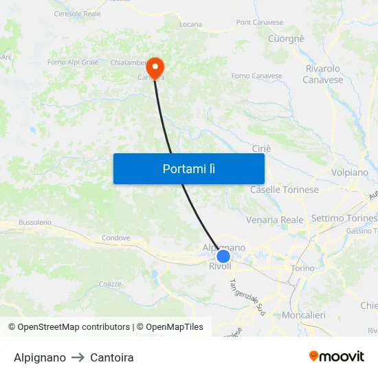 Alpignano to Cantoira map