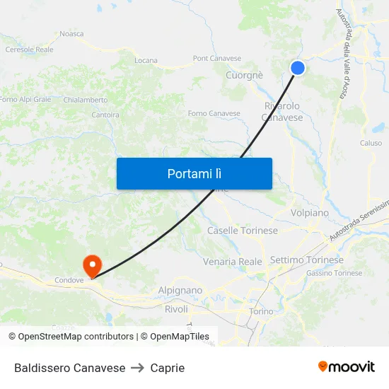 Baldissero Canavese to Caprie map