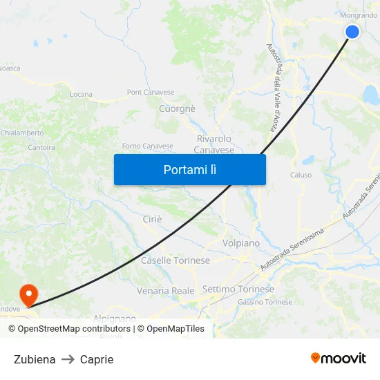 Zubiena to Caprie map