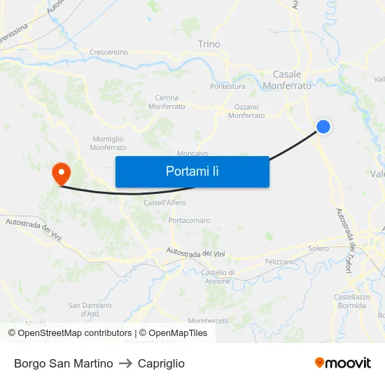 Borgo San Martino to Capriglio map