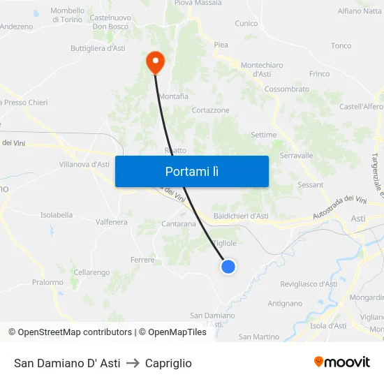San Damiano D' Asti to Capriglio map