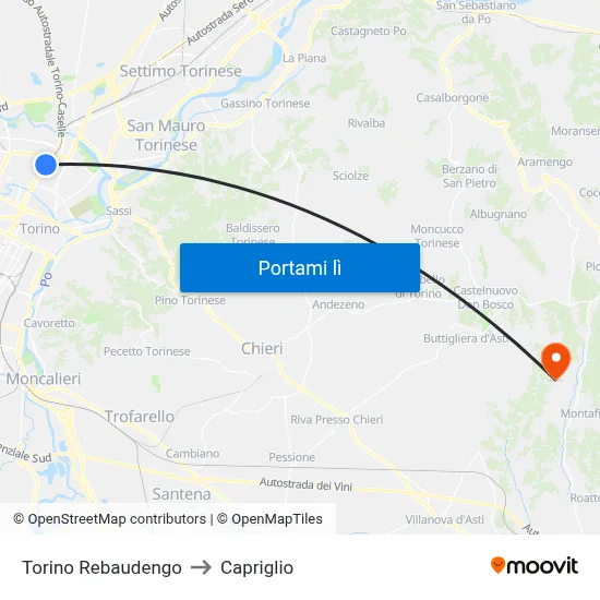 Torino Rebaudengo to Capriglio map